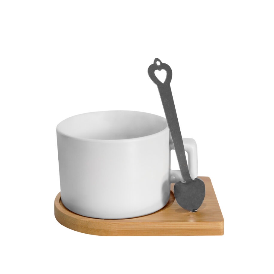 Taza Blanca Tipo Te 8oz, Base Madera C/Cuchara Metal