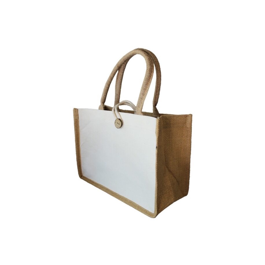 Mini bolso playa de loneta natural / café sublimable (22×30.5×13 cm)