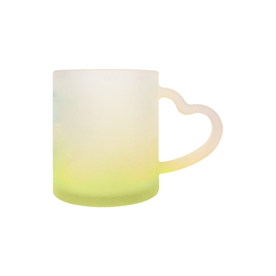 Taza de Vidrio Satinado Mango Corazón C/Fondo Amarillo 11oz