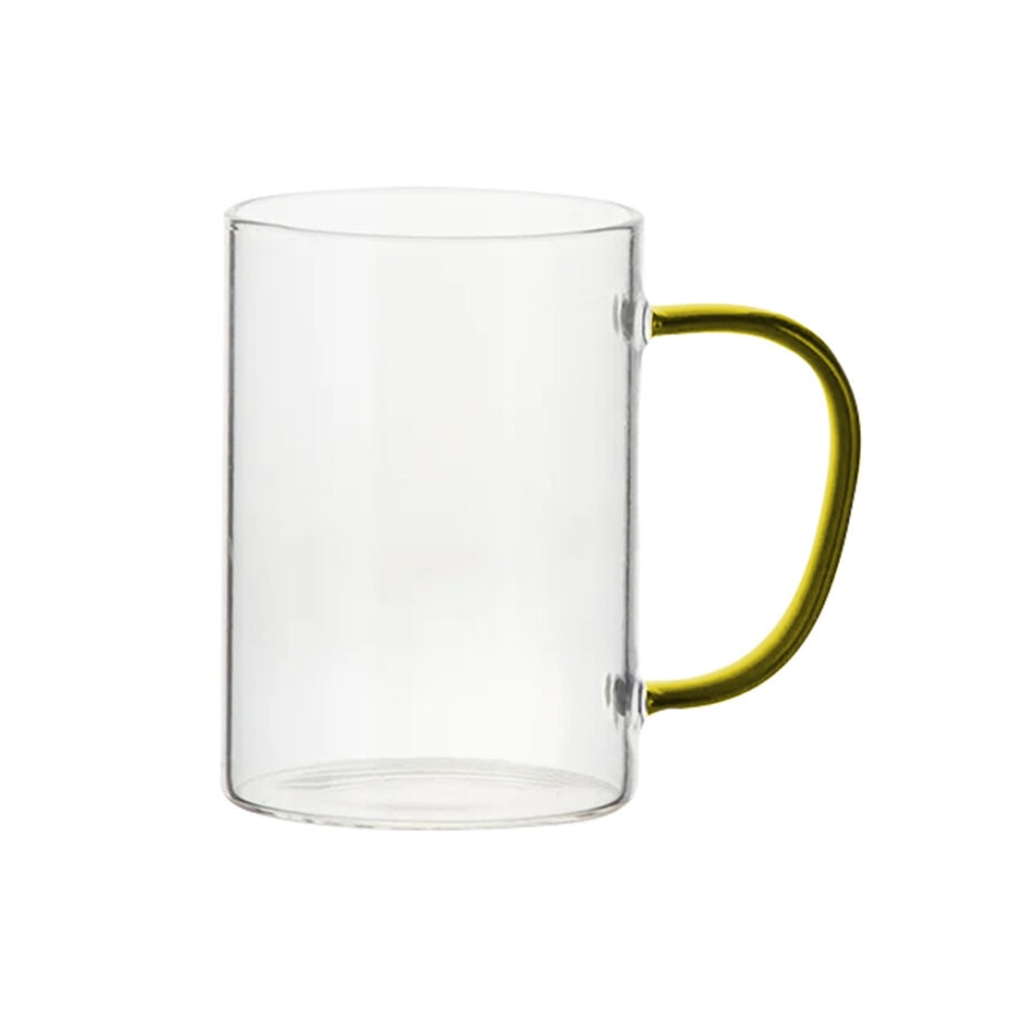 Taza De Vidrio Transparente Mango Amarilla 12oz